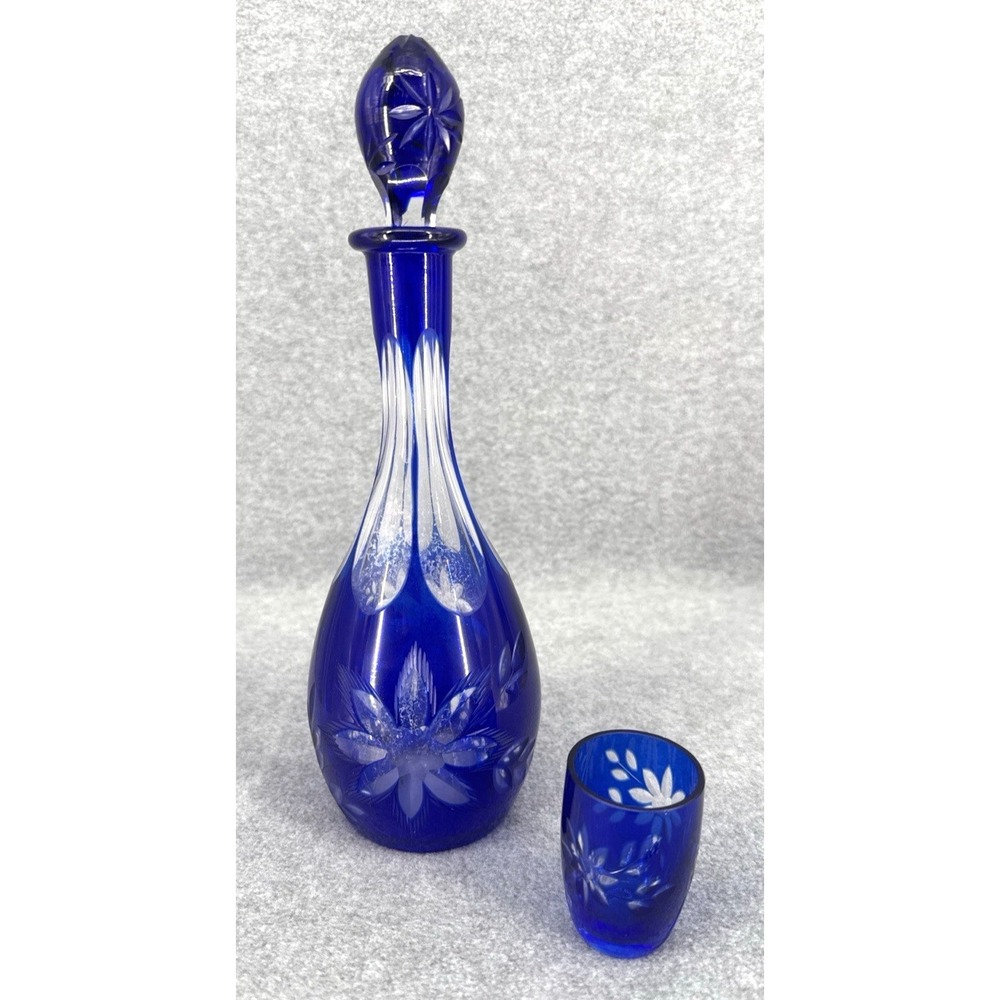 Vintage Bohemian Cobalt Blue Cut Glass Decanter w Stopper & Matching Cordial Gla